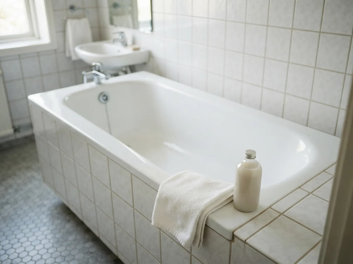 Rent vitt badkar med mjuk trasa intill kanten