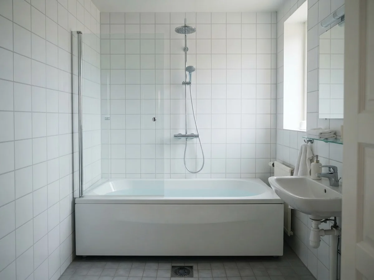 Badkar med genomskinlig glasvägg och kromad dusch ovanför